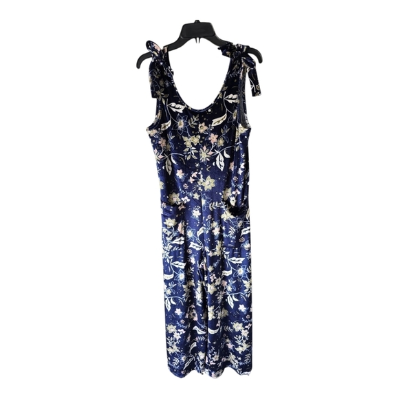 Earthbound Floral Velvet Jumpsuit Small Women Sleeveless Wide Leg Blue Tie Front - Picture 1 of 14